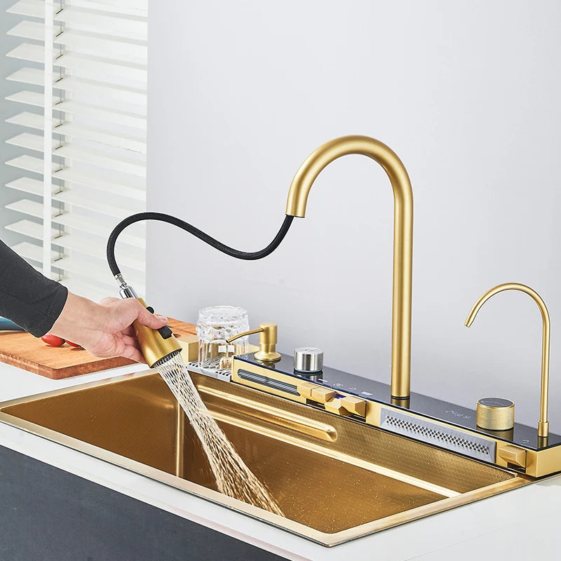 Juego de fregadero de cocina integrado con pantalla Digital inteligente dorada cepillada, purificador de agua de cascada/lluvia, dispensador de jabón, lavadora de tazas