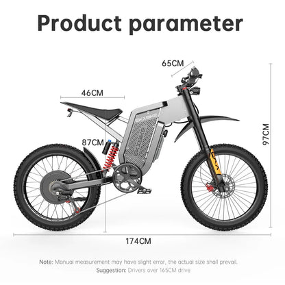 Bicicleta eléctrica X21MAX, 78 KM/H (49MPH), batería de litio 60V30Ah 3000W, neumáticos todoterreno 70/100-19, doble absorción de impactos hidráulica