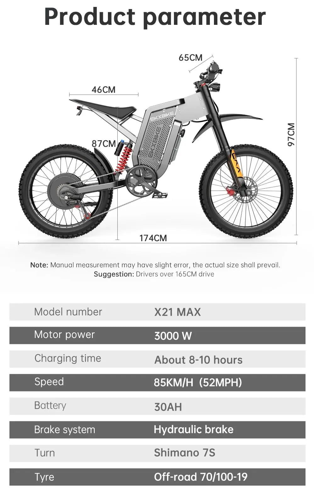 Motocicleta Eléctrica Todoterreno Readygo EKX X21 Max 3000W, Batería de 60V 30Ah, 85km/h, Motor sin Escobillas para Adultos