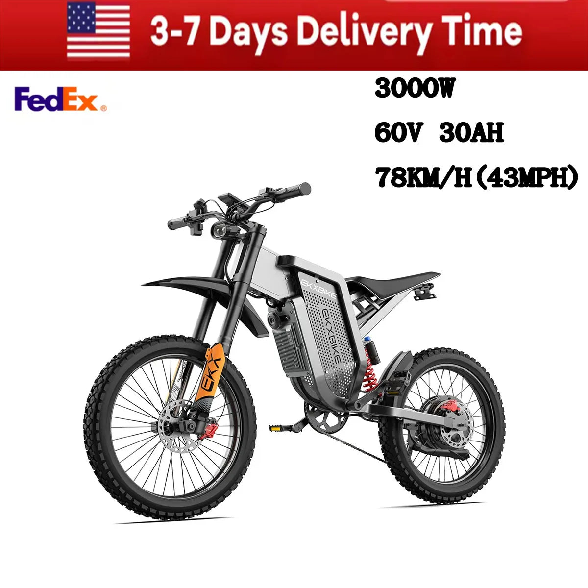 Bicicleta eléctrica X21MAX, 78 KM/H (49MPH), batería de litio 60V30Ah 3000W, neumáticos todoterreno 70/100-19, doble absorción de impactos hidráulica