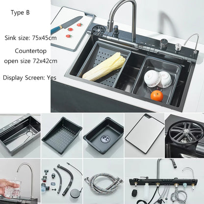 Juego de fregadero de cocina integrado con pantalla Digital inteligente dorada cepillada, purificador de agua de cascada/lluvia, dispensador de jabón, lavadora de tazas