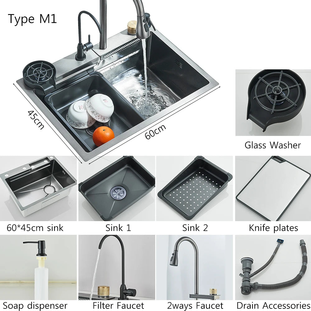 Fregadero de cocina de cascada de acero inoxidable 304, juego de grifería con pantalla Digital integrada de ranura única grande, dispensador de jabón, lavadora de tazas