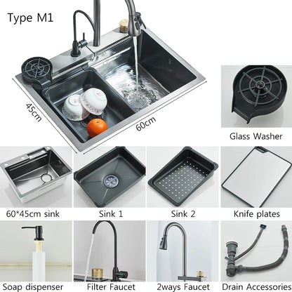 Fregadero de cocina de cascada de acero inoxidable 304, juego de grifería con pantalla Digital integrada de ranura única grande, dispensador de jabón, lavadora de tazas