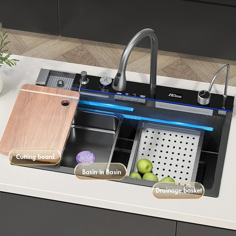 Fregadero de cocina de cascada de acero inoxidable 304, juego de grifería con pantalla Digital integrada de ranura única grande, dispensador de jabón, lavadora de tazas