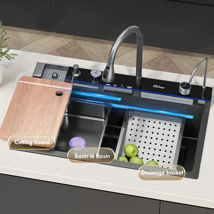 Fregadero de cocina de cascada de acero inoxidable 304, juego de grifería con pantalla Digital integrada de ranura única grande, dispensador de jabón, lavadora de tazas