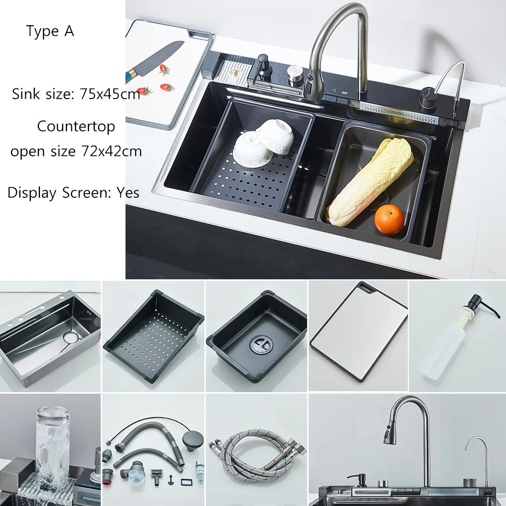 Fregadero de cocina de cascada de acero inoxidable 304, juego de grifería con pantalla Digital integrada de ranura única grande, dispensador de jabón, lavadora de tazas
