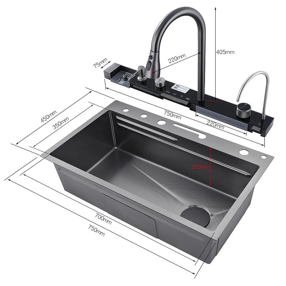 Fregadero de cocina de cascada de acero inoxidable 304, juego de grifería con pantalla Digital integrada de ranura única grande, dispensador de jabón, lavadora de tazas