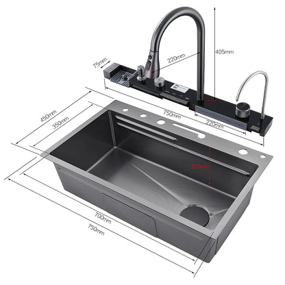 Fregadero de cocina de cascada de acero inoxidable 304, juego de grifería con pantalla Digital integrada de ranura única grande, dispensador de jabón, lavadora de tazas