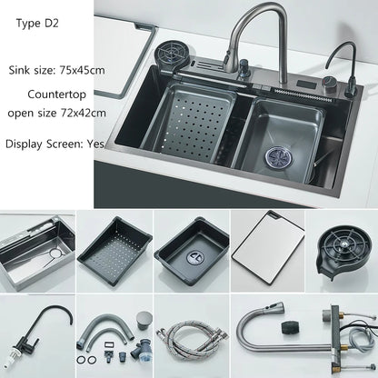 Juego de fregadero de cocina integrado con pantalla Digital inteligente dorada cepillada, purificador de agua de cascada/lluvia, dispensador de jabón, lavadora de tazas