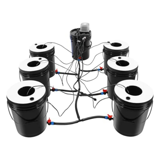 Sistema Hidropónico de 5 Galones, Cultivo en Agua Profunda de 7 Cubetas con Goteo Recirculante para Jardinería Interior en Balcón, RDWC 1+6 + Top Fee