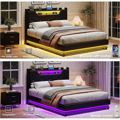 Cama con almacenamiento Vabches tamaño Queen, tablero de almacenamiento, estación de carga, luces LED, plataforma tapizada, no necesita somier