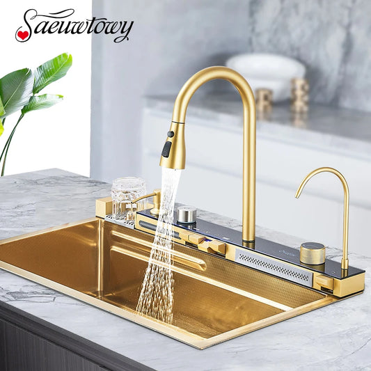 Juego de fregadero de cocina integrado con pantalla Digital inteligente dorada cepillada, purificador de agua de cascada/lluvia, dispensador de jabón, lavadora de tazas