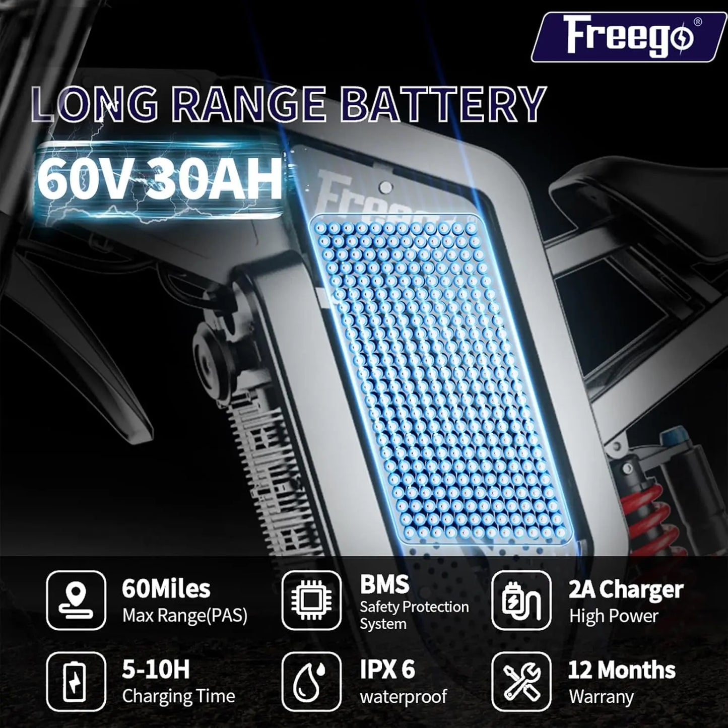 Motocicleta Eléctrica Todoterreno Freego X2, Motor de 6000W, Batería Extraíble de 60V 30Ah, Velocidad Máxima de 50 mph, Neumáticos de 19" x 2", Certificaciones UL