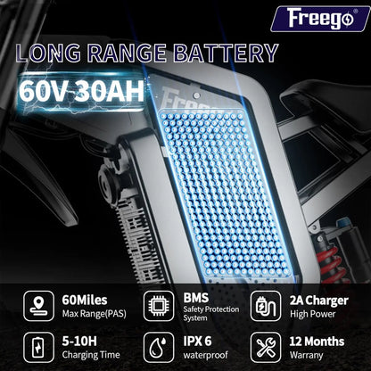 Motocicleta Eléctrica Todoterreno Freego X2, Motor de 6000W, Batería Extraíble de 60V 30Ah, Velocidad Máxima de 50 mph, Neumáticos de 19" x 2", Certificaciones UL