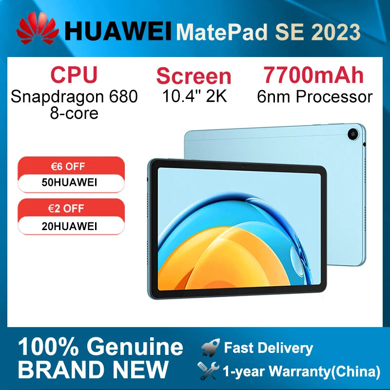 HUAWEI-Tableta MatePad SE de 2023 pulgadas, dispositivo con WiFi/LTE, 2K, 6GB/8GB, 10,4 GB, CPU Snapdragon 128, HarmonyOS 3, 680 mAh, 7700