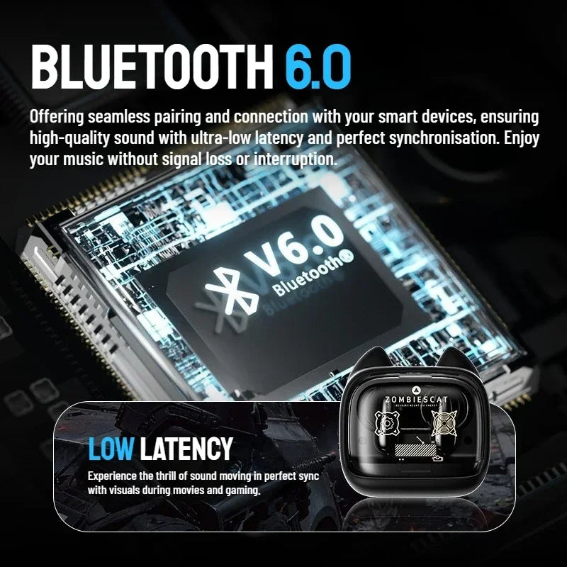 Audífonos Inalámbricos Zombis Cat B19 con Pantalla Inteligente, Sonido Estéreo Envolvente, Bluetooth 6.0, Cancelación de Ruido ENC, Llamadas Claras, TWS, con Correa