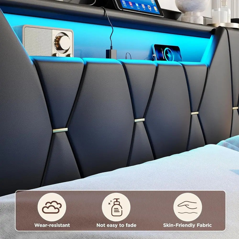 Cama con almacenamiento Vabches tamaño Queen, tablero de almacenamiento, estación de carga, luces LED, plataforma tapizada, no necesita somier