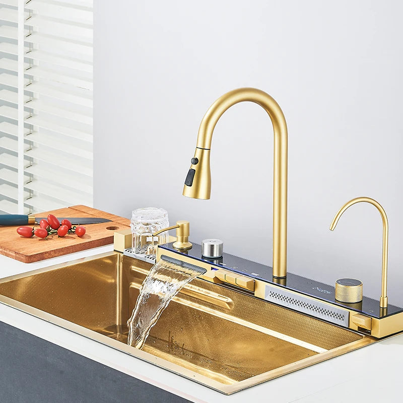 Juego de fregadero de cocina integrado con pantalla Digital inteligente dorada cepillada, purificador de agua de cascada/lluvia, dispensador de jabón, lavadora de tazas