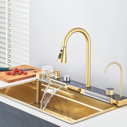 Juego de fregadero de cocina integrado con pantalla Digital inteligente dorada cepillada, purificador de agua de cascada/lluvia, dispensador de jabón, lavadora de tazas