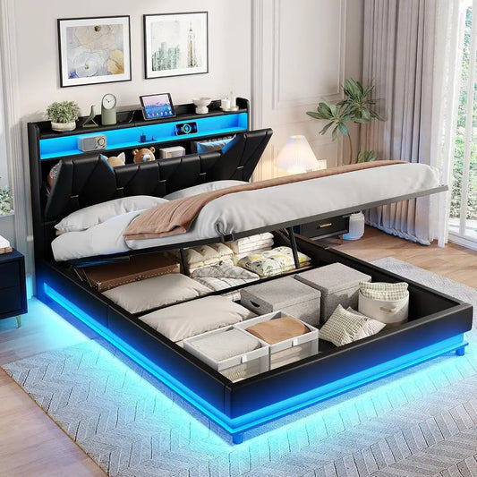 Cama con Almacenamiento Iluminada con Estación de Carga, Luces LED, Diseño de Plataforma Tapizada, No Requiere Somier, Funcionamiento Silencioso