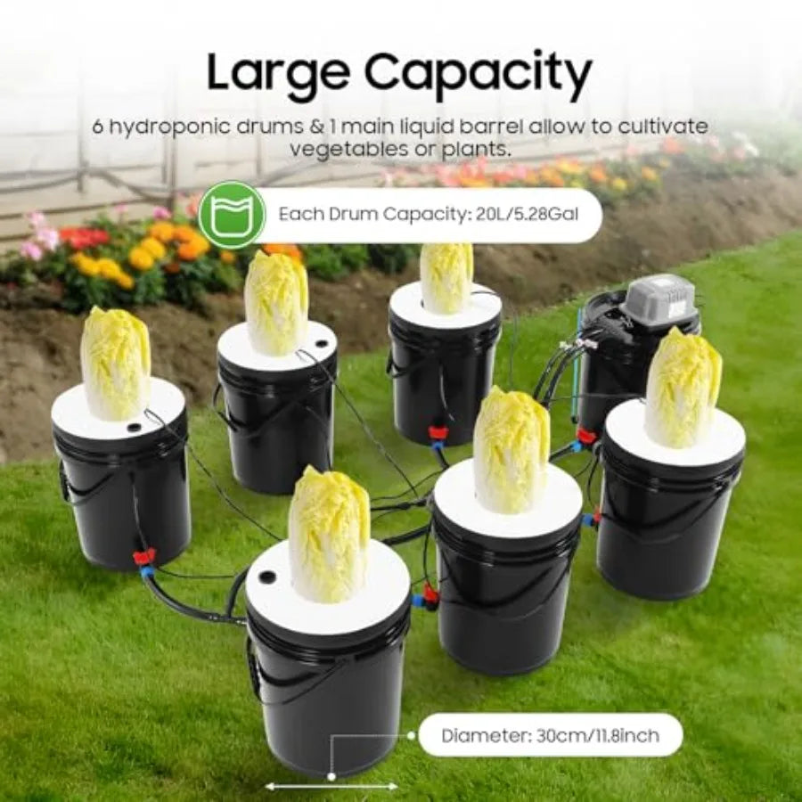 Sistema Hidropónico de 5 Galones, Cultivo en Agua Profunda de 7 Cubetas con Goteo Recirculante para Jardinería Interior en Balcón, RDWC 1+6 + Top Fee