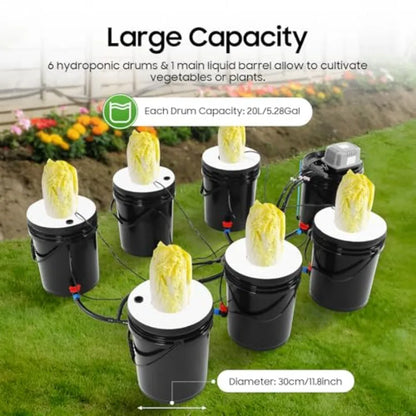 Sistema Hidropónico de 5 Galones, Cultivo en Agua Profunda de 7 Cubetas con Goteo Recirculante para Jardinería Interior en Balcón, RDWC 1+6 + Top Fee