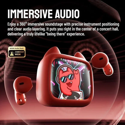 Audífonos Inalámbricos Zombis Cat B19 con Pantalla Inteligente, Sonido Estéreo Envolvente, Bluetooth 6.0, Cancelación de Ruido ENC, Llamadas Claras, TWS, con Correa