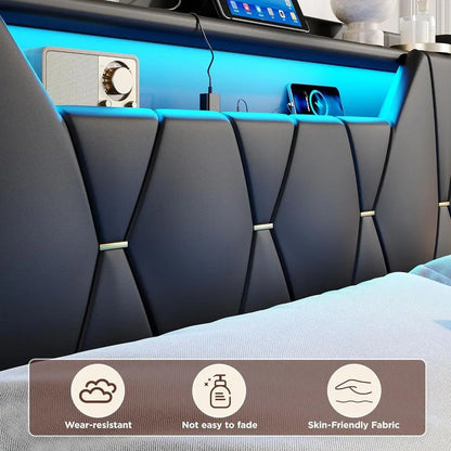 Cama con Almacenamiento Iluminada con Estación de Carga, Luces LED, Diseño de Plataforma Tapizada, No Requiere Somier, Funcionamiento Silencioso