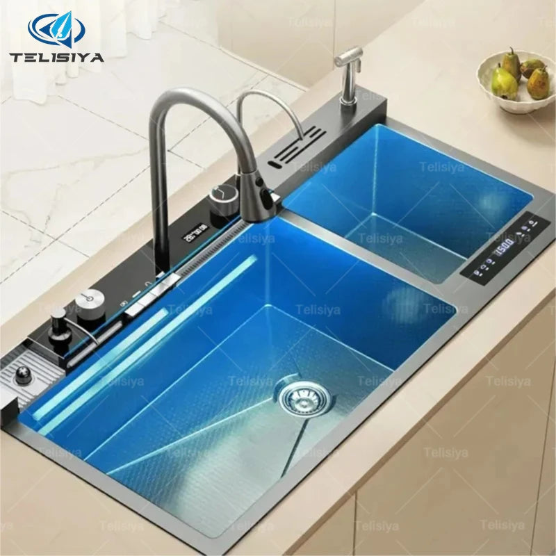 Fregadero de Cocina de Acero Inoxidable de 100x50CM, Fregadero Doble Grande Multifuncional con Catalizador de Agua para Purificar Ingredientes y Lavar Vegetales