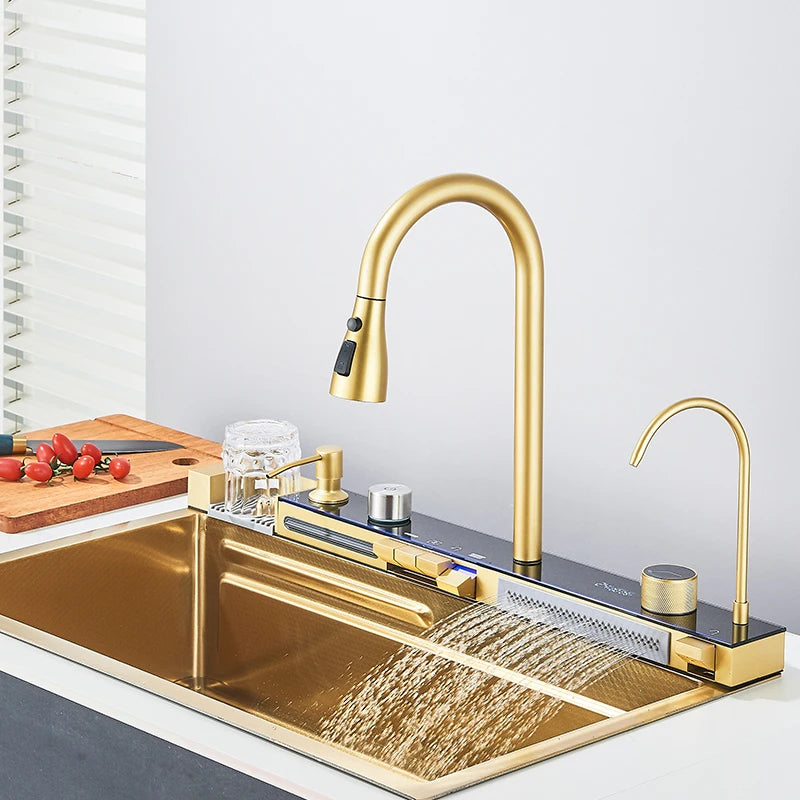 Juego de fregadero de cocina integrado con pantalla Digital inteligente dorada cepillada, purificador de agua de cascada/lluvia, dispensador de jabón, lavadora de tazas