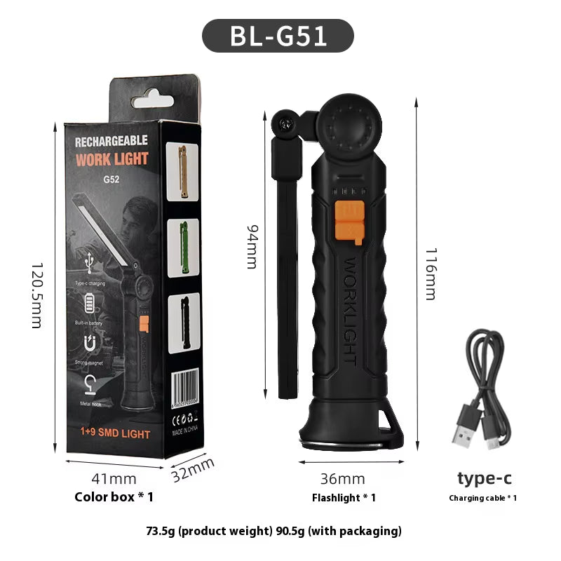 450LM COB LED Worklight Flashlight USB-C 800Ma Work Light Magnetic 360° Garage Repair Inspection Lamp 4Mode Pocket Flood Light