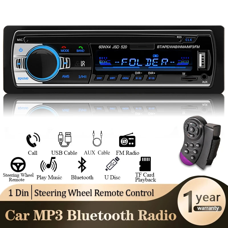 Car Radio 1 Din Stereo Player Digital Bluetooth Car MP3 Player 60Wx4 FM Radio Stereo Audio Music USB/SD with in Dash AUX Input