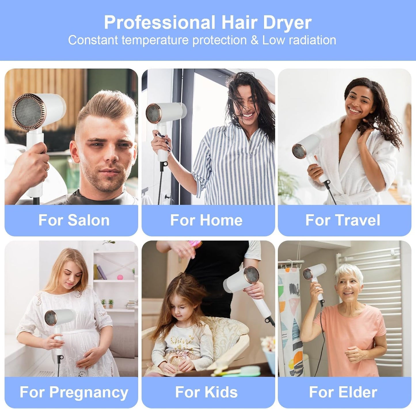 Flintronic Secador De Pelo, Secador De Pelo Iónico Profesional Poderoso De 1500 W, Secador De Viaje Con Mango Plegable, 3 Ajustes De Calor, Secado Rápido, Para Peinados De Hombres Mujeres Múltiples