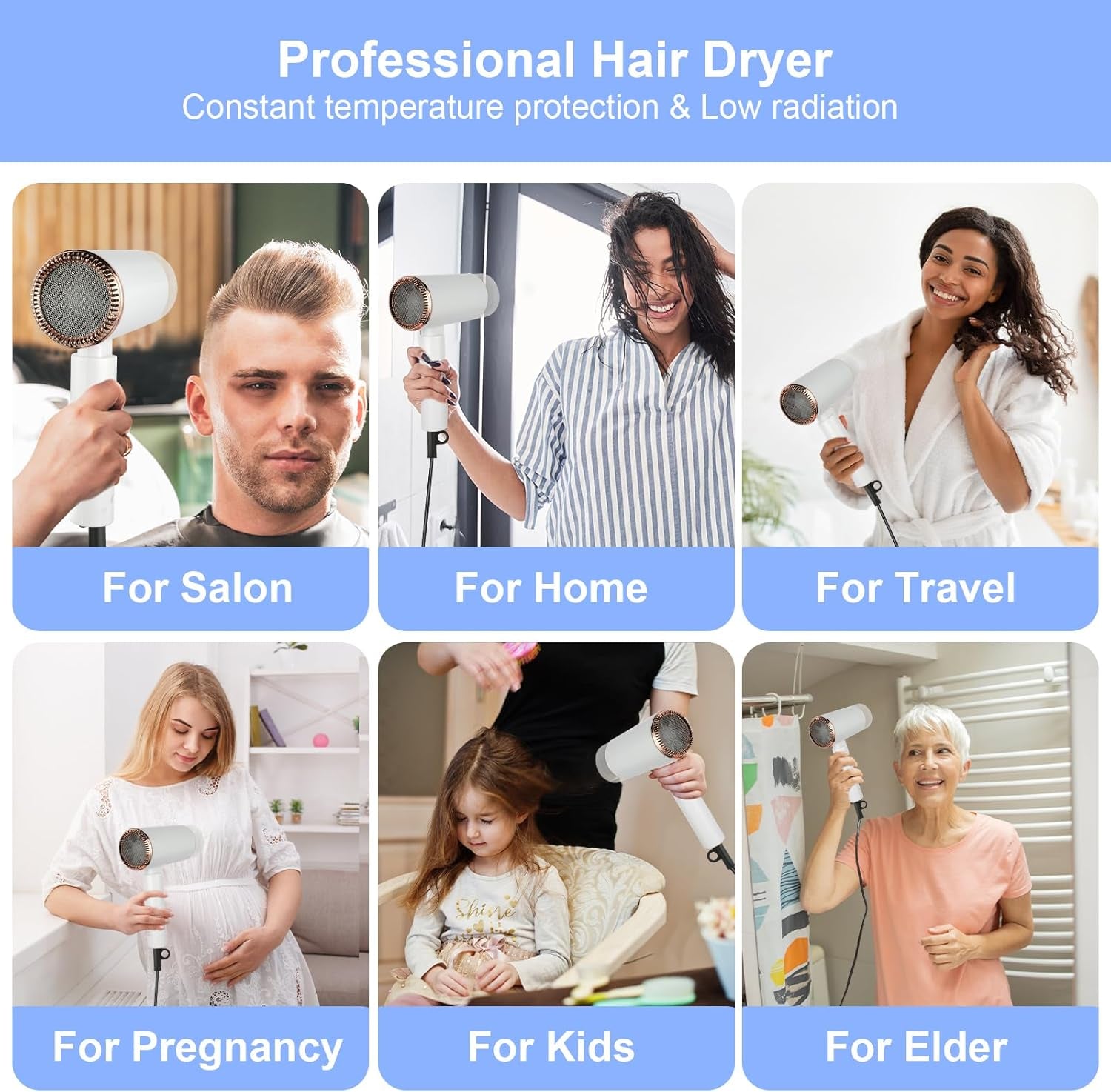 Flintronic Secador De Pelo, Secador De Pelo Iónico Profesional Poderoso De 1500 W, Secador De Viaje Con Mango Plegable, 3 Ajustes De Calor, Secado Rápido, Para Peinados De Hombres Mujeres Múltiples