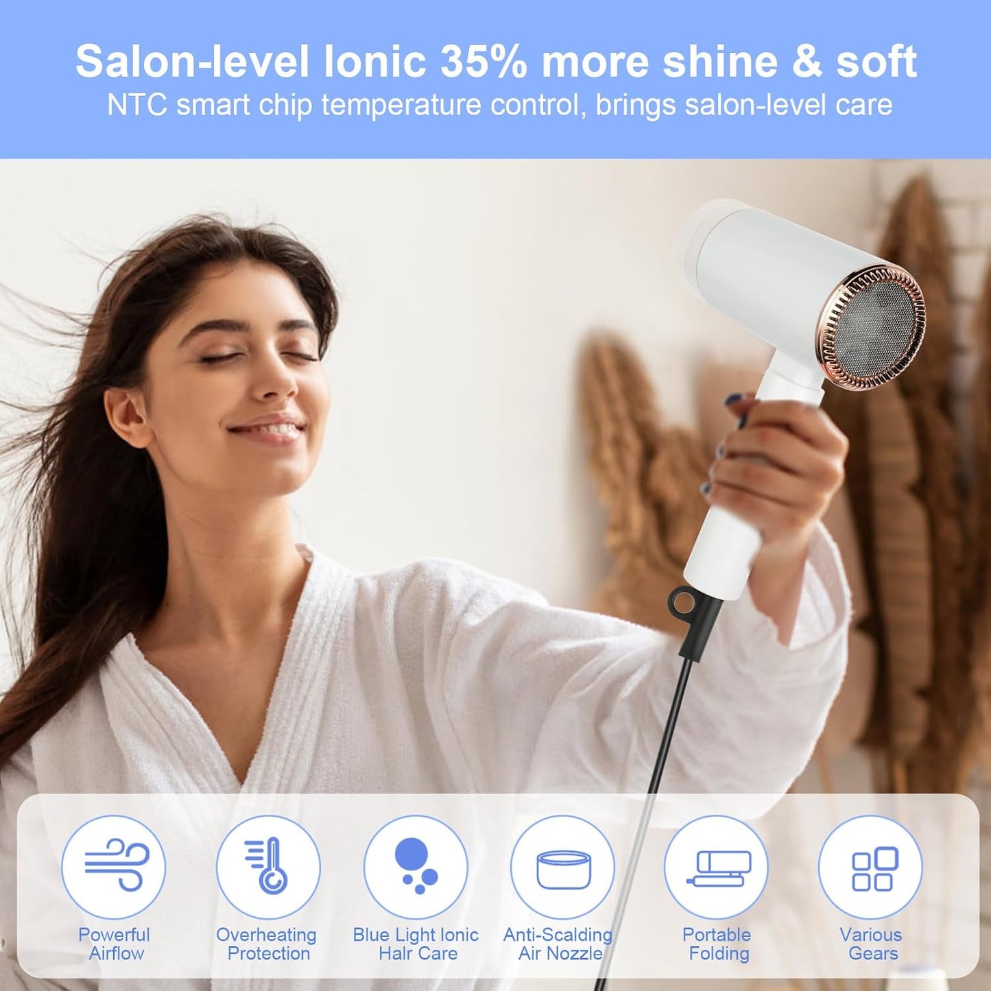 Flintronic Secador De Pelo, Secador De Pelo Iónico Profesional Poderoso De 1500 W, Secador De Viaje Con Mango Plegable, 3 Ajustes De Calor, Secado Rápido, Para Peinados De Hombres Mujeres Múltiples